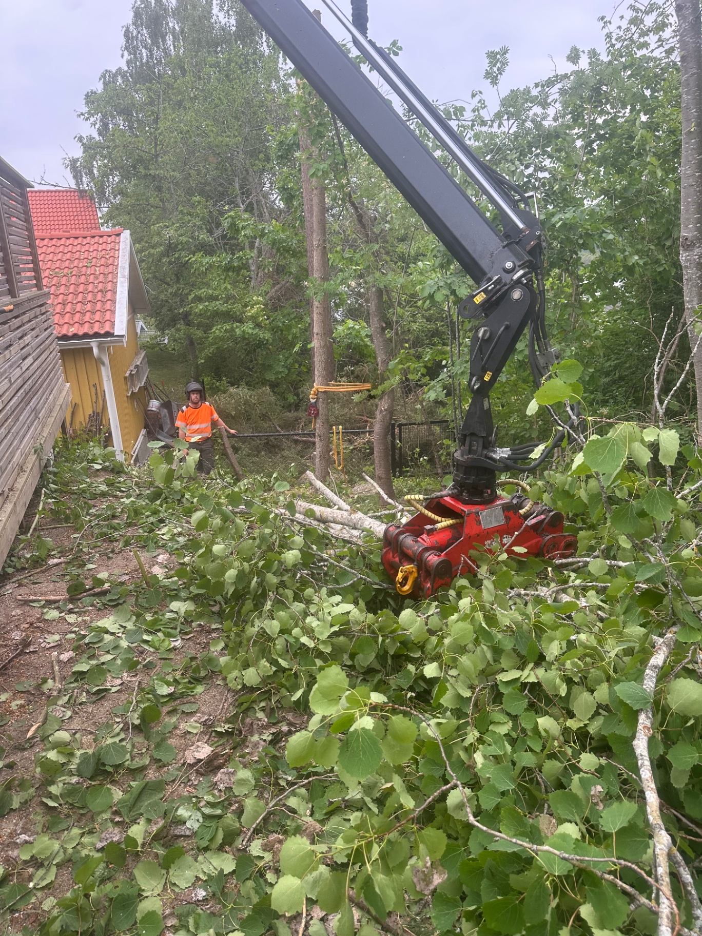 Trädfällning med kranbil på villatomt i Tyresö kommun